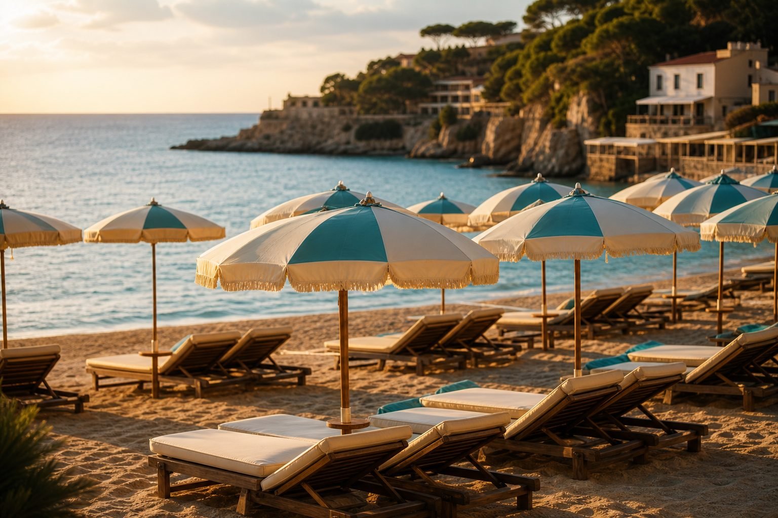 Spiaggia attrezzata con ombrelloni e mare cristallino